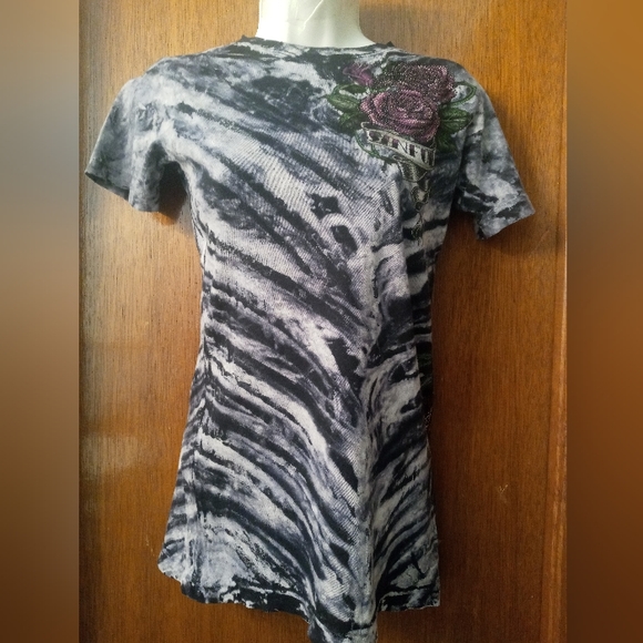 Sinful Black /White Print With Pink Roses and Skull Small Size Stretchy - Picture 6 of 14